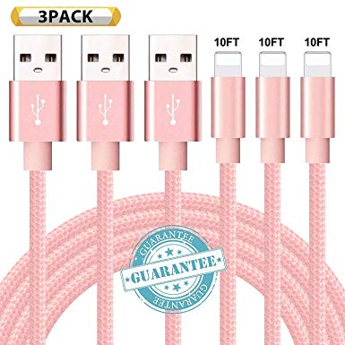 DANTENG Phone Charger 3Pack 10FT Nylon Braided Charging Cables USB Charger Cord, Compatible with Phone Xs MAX XR X 8 8 Plus 7 7 Plus 6 6 Plus Pad and Pod - Pink