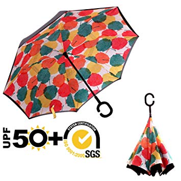 ABCCANOPY Inverted Umbrella,Double Layer Reverse Windproof Teflon Repellent Umbrella for Car and Outdoor Use, UPF 50  Big Stick Umbrella with C-Shaped Handle and Carrying Bag, 30  Multi Colors