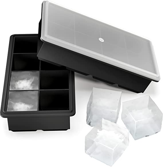 Vremi Stackable Large Ice Cube Trays — Pack of 2 Silicone Trays — 8 Cubes per Tray — Ideal for Cocktails, Frozen Treats, Soups, Sauces, and Baby Food — BPA Free with Frost Resistant Lids — Black