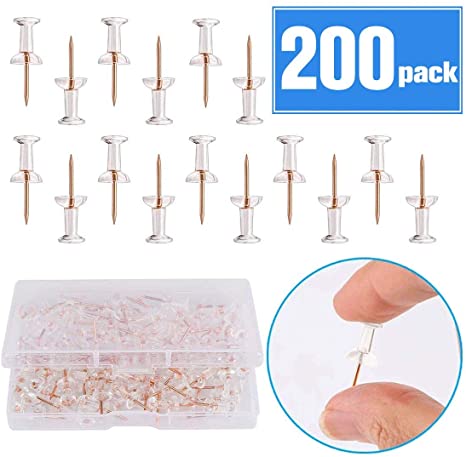 Grtard Push Pins Rose Gold Thumb Tacks 200-Count Standard Pins Gold Steel Point and Transparent Plastic Head