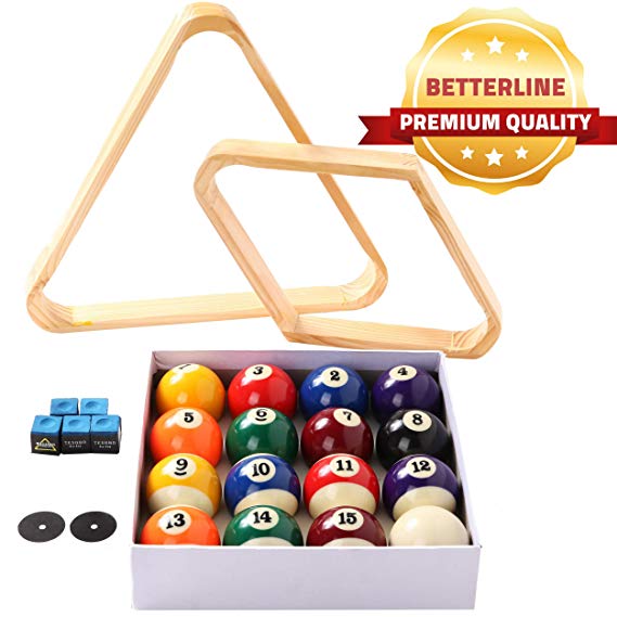 BETTERLINE Billiard Balls Set, Pool Table Triangle Ball Rack and 9-Ball Diamond Rack (Wood), 5 Cue Chalks and 2 Table Spot Stickers - Pool Table Accessories