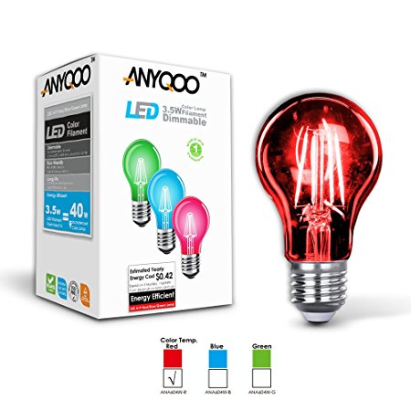 ANYQOO A19 LED Vintage Holiday 360 Degree Light Dimmable Filament Edison Energy Saving Bulb Red Color Christmas Lamp E26 Medium Base 3.5w (RED)
