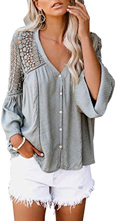 FARYSAYS Women's Lace Crochet V Neck Bell Sleeve Button Down Shirts Casual Loose Blouses Tops