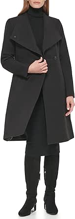 Calvin Klein Women's Ring Snap Detail Asymmetrical Closure Stand Collar Welt Pockets Coat