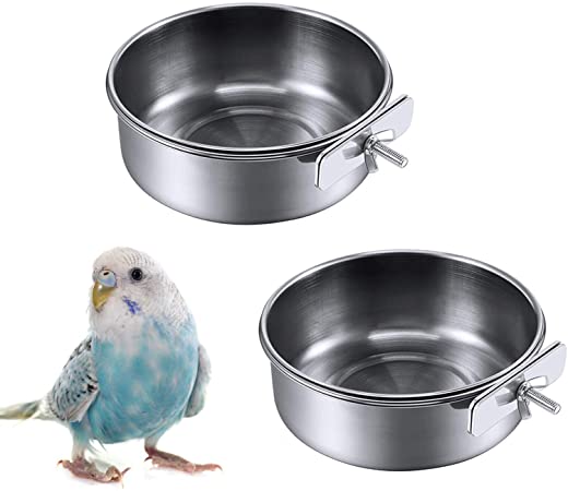 kathson 2 Pack Bird Feeding Cups with Clamp Holder, Parrot Food & Water Cage Hanging Bowl Stainless Steel Coop Cup Dish Feeder for Parakeet Cockatiels Conure Budgies Lovebird Finch