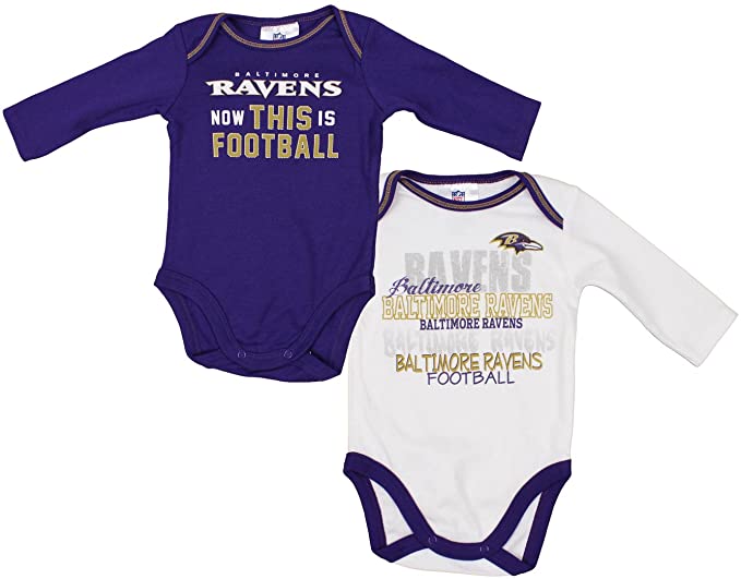 GERBER Baltimore Ravens NFL Baby Boys 2 Pack Long Sleeve Bodysuit Set, Purple - White