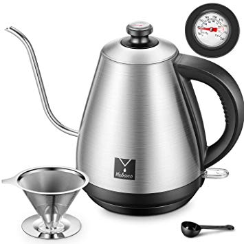 Electric Kettle, Yabano Gooseneck Kettle, Pour Over Coffee Maker with Integrated Thermometer for Coffee, Tea, Stainless Steel Coffee Teapots Kettle with Coffee Filter and Spoon, Auto Shut-Off, 1000W