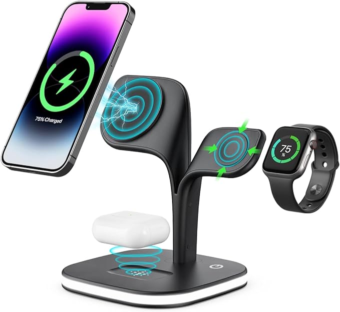 Wireless Charging Station for Magsafe Charger,Charging Station for Multiple Devices,Magnetic Wireless Charger for iPhone 15/14/13/12 Series,Apple Watch Series 1-9,AirPods Pro with Adapter (Black)