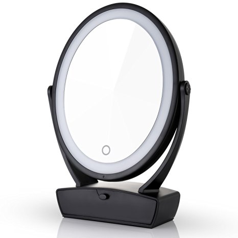 Miusco 1X 7X 15X Two Sided Lighted Makeup Mirror with Vanity Drawer, USB Charge, Two Light Color, Black