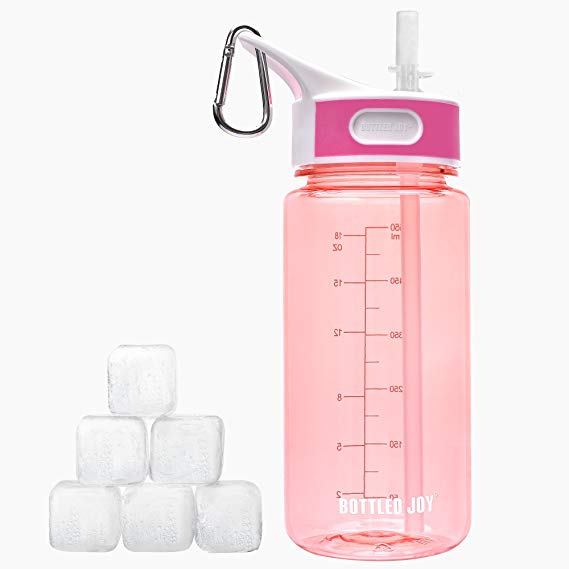 BOTTLED JOY Kids Water Bottle with Straw Handle and 6pcs ice Cubes,Back to School Student Water Cup, Wide Mouth 100% BPA-Free Tritan Bite Valve Plastic Water Bottle 20oz 600ml