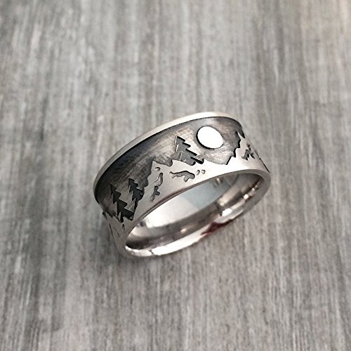 Sterling Silver Mountain Ring, Men's Mountain Wedding Ring, Nature Wedding Ring