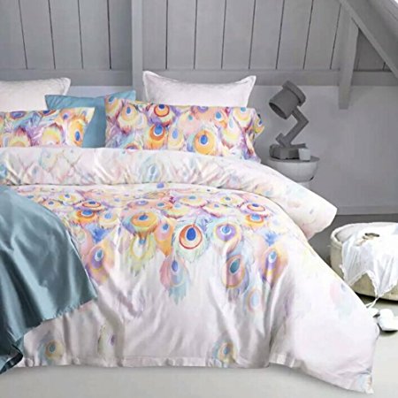 Honeyhome 600 Thread Count Cotton 3 Pieces Duvet Cover Set Egyptian Quality Bedding Set Peacock Printing Pattern,1 Duvet Cover 2 Pillow Shams - King Size