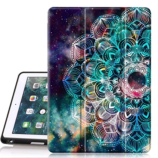 iPad 6th/5th Generation Case, Hocase Trifold Folio Smart Case with Apple Pencil Holder, Auto Sleep/Wake Feature, Soft TPU Back Cover for iPad A1893/A1954/A1822/A1823 - Mandala in Galaxy