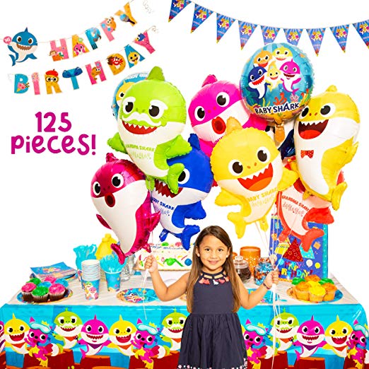 Baby Little Shark Party Supplies - 125Pc Birthday Decor Set - By: Momma Shark - Decorations and Supplies Include Favors, Banner, Balloons, Table Cloth, Plates and 16 Sets of Tableware and Invitations