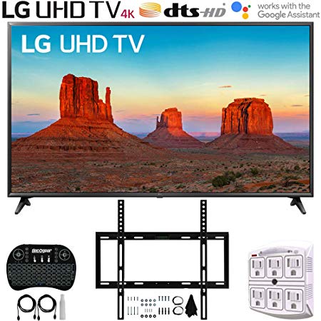 LG 55UK6090PUA 55" 4K HDR Smart LED UHD TV with Deco Mount Flat Wall Mount Ultimate Bundle   2.4GHz Wireless Keyboard Smart Remote w/Touchpad Mouse   SurgePro 6-Outlet Surge Adapter w/Night Light