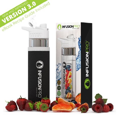 Infusion Pro Premium Fruit Infused Water Bottle 2 Pack or 1 Pack Insulating Sleeves and Flavored Water Recipe eBook Included Bottom Infuser Style with Flip Top Lid - 24 oz BPA Free Tritan Plastic