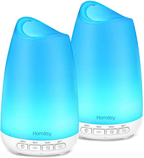 Homasy Essential Oil Diffuser, Mini 150ml*2 Aromatherapy Diffuser with 3H Timer Setting, Whisper Quiet, Waterless Auto-Off & 8-Color LED Light for Bedroom, Home, Office, Yoga (2 Pack)