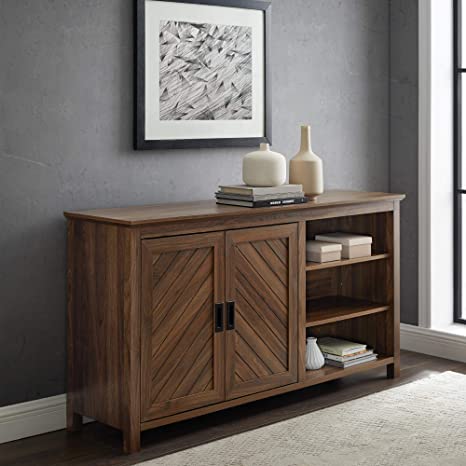 Walker Edison Modern Wood Grooved Buffet Sideboard with Open Entryway Serving Storage Cabinet Doors Dining Room Console, 58 Inch, Dark Walnut