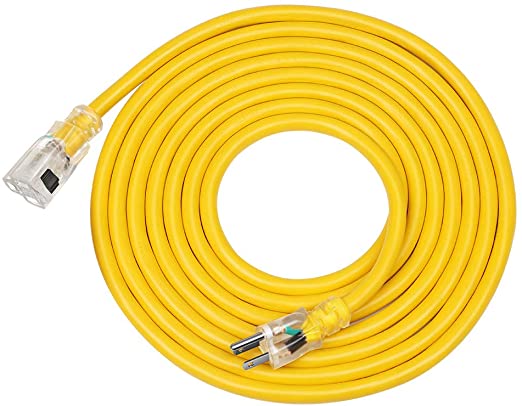 DEWENWILS 15 FT 12/3 Gauge Indoor/Outdoor Extension Cord with Lock, SJTW 15 Amp Yellow Outer Jacket Contractor Grade Heavy Duty Anti-Shedding Power Cable with LED Lighted Plug, ETL Listed