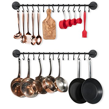 WALLNITURE Pot Pan Lid Rack Hanging Utensils Rail with Hooks Iron Black 33 Inch Set of 2