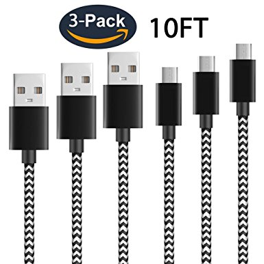 Micro USB Cable, 10FT 3-Pack Nylon Braided High Speed 2.0 USB to Micro USB Charging Cables Android Fast Charger Cord for Samsung Galaxy S7 Edge/S6/S5/S4,Note 5/4,LG,Nexus,Android Smartphones and More