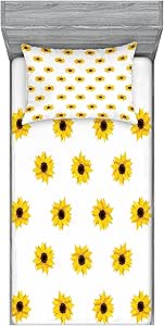 Ambesonne Sunflower Fitted Sheet & Pillow Sham Set, Sunflower Pattern on a White Background Vibrant Nature Elements Simple Seasonal Art, Decorative Printed 2 Piece Bedding Decor Set, Twinxl, Tan