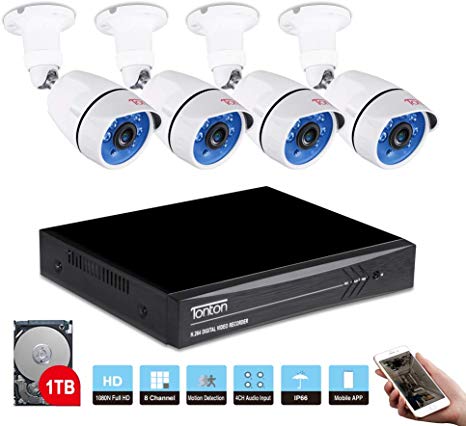 Tonton 8CH HD 1080N/720P Expandable Security Camera System, 5-in-1 Surveillance DVR with 1TB Hard Drive and (4) 1.0MP Waterproof Outdoor Indoor Bullet Camera, Free APP Remote Viewing and Email Alert
