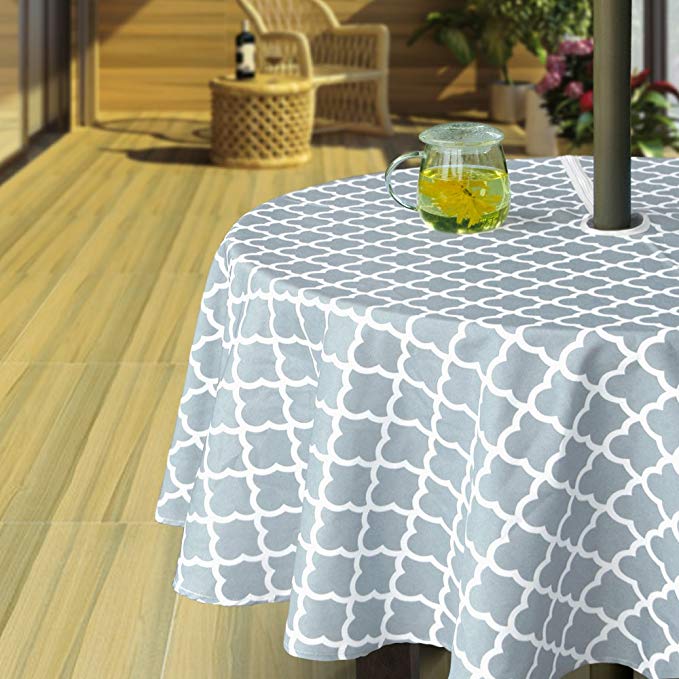 Hipinger Heavyweight Wrinkle-Free Stain Resistant Waterproof Outdoor Tablecloth with Umbrella Hole and Zipper,60 Inch Round, Seats 4 People