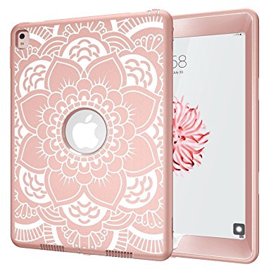 iPad Pro 9.7 Case, Hocase Rugged Shock Absorbent Double Layer Hard Rubber Protective Case for iPad Pro 9.7 Apple 2016 Release - Rose Gold Flower Print