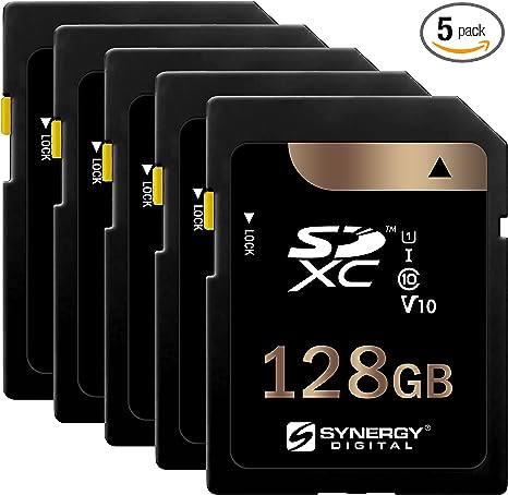 Synergy Digital 128GB, SDXC UHS-I Memory Cards - Class 10, U1, 100MB/s, 300 Series - Pack of 5