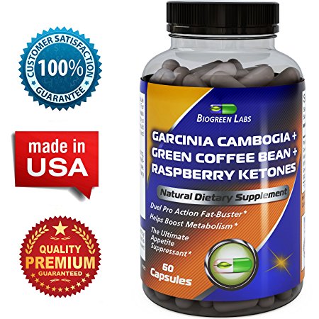 Garcinia Cambogia Weight Loss Supplement with Pure Green Tea   Green Coffee Bean   Raspbery Ketones - Diet Pills for Women & Men - Natural Carb Blocker Fat Burner Appetite Suppressant - Biogreen Labs