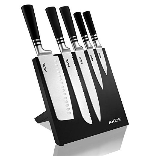 Aicok Kitchen Knife Set, Knife Block Set with Magnetic Knife Stand, Stainless Steel Kitchen Knives with Magnetic Knife Holder, 6 Pieces, Black