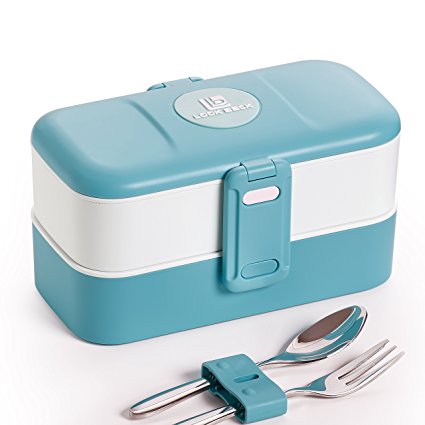 Bento Lunch Box With A Fork & A Spoon By ProAid - Bento Box, Food Grade Silicone & Durable Stainless Steel - Practical 2 Layer Design - Can Be Put In The Microwave, Fridge & Freezer, Blue