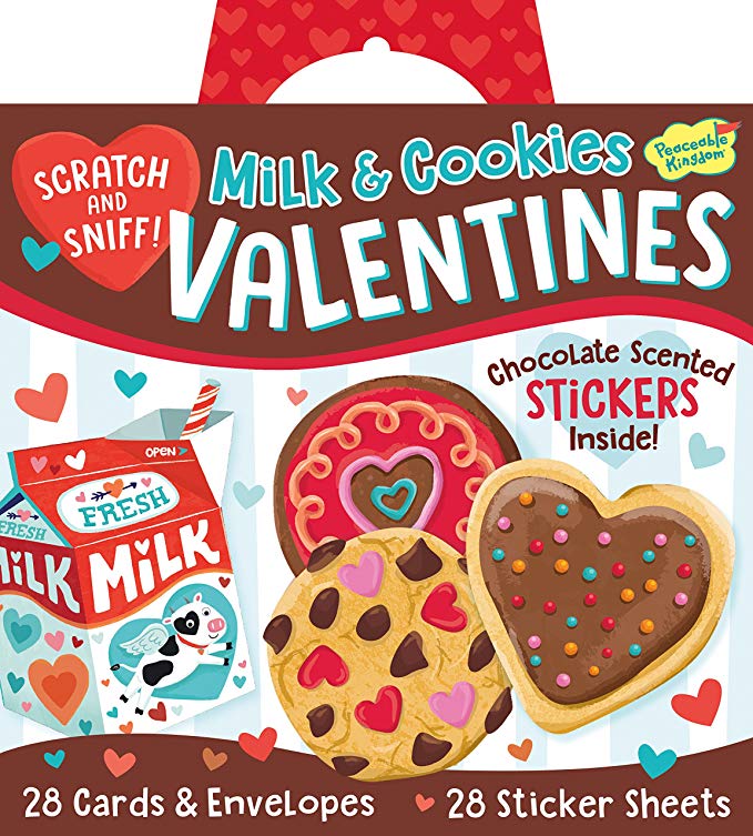 Peaceable Kingdom Milk and Cookies Valentines - 28 Chocolate Scented Sticker Card Pack