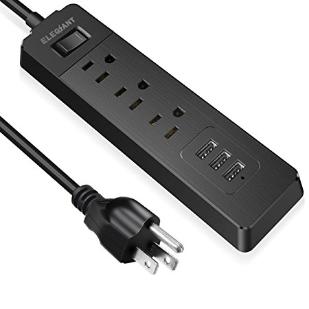 Power Strip Surge Protector with USB, ELEGIANT Smart Power Strip 3 Outlets with 3 USB 6ft Cord Extension Outlets, 1250W/10A Multi Outlet USB Charging Station for Home Hotel Office TV PC Tablet( black)