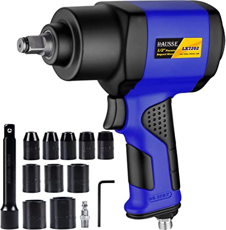 Hausse 1/2" Heavy-Duty Air Impact Wrench, Lightweight Air Impact Gun Drive Wrench with 630 Ft-lbs High Torque Output, Adjustable Power, 10 Wrench Sockets Heavy Duty Wrench Kit