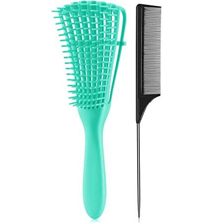 2 Pieces ez Detangler Brush 4c Hair Set with Rat Tail Comb for Curly Hair Detangler for Afro America Afro Textured 3a to 4c Kinky Wavy, for Wet/Dry/Long Thick Curly Hair (Green, Black)