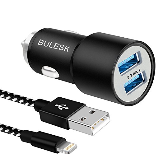 BULESK Car Charger, 24W/4.8A Rapid Dual Port USB Car Adapter with 3FT 8pin USB Cable Charging Cord with Safety Hammer for Apple iPhone 7 Plus 6S 6 SE 5S 5, iPad, iPod (BlackWhite)