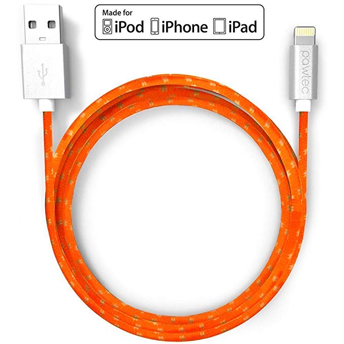 Pawtec [Apple MFi Certified] Premium Lightning to USB Cable 3.3 Feet/1 Meter Nylon Braided for iPhone XS/XS Max/XR / X / 8/8 Plus / 7/7 Plus / 6s 6, iPad Pro/Air/mini/iPod (Tangerine Orange)