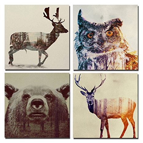 Animal Double-exposure Photography Canvas Wall Art Prints Stretched and Framed Modern Decor Beer Sika Deer & Owl paintings Giclee Artwork for Living Room and Bedroom Decoration12 x 12 Inch