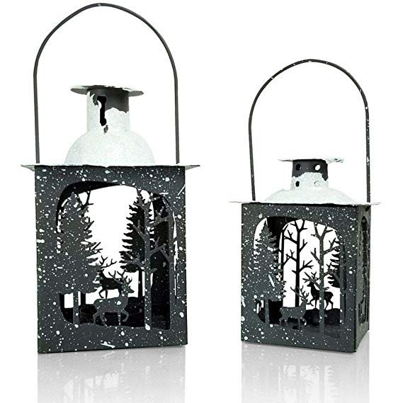 BANBERRY DESIGNS Rustic Christmas Décor Lantern Set – Set of 2 - Small and Medium Metal Lanterns - Winter Scene with Deer – Glittery Snow Tops - Farmhouse Style Lanterns