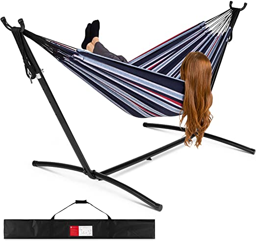 Best Choice Products 2-Person Indoor Outdoor Brazilian-Style Cotton Double Hammock Bed w/Carrying Bag, Steel Stand, Abyss