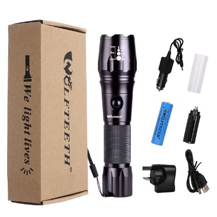 WOLFTEETH CREE XML T6 LED Zoomable Zoom 5 Modes Flashlight Torch Lamp LED torch  18650 Battery Gift Box