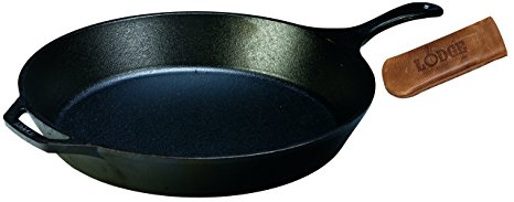 Lodge Seasoned Cast Iron Skillet with Hot Handle Holder - 15” Cast Iron Frying Pan with Genuine Leather Hot Handle Holder