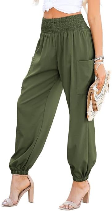 Dokotoo Womens Summer Boho Business Casual Smocked High Waisted Cargo Long Pants with Pockets