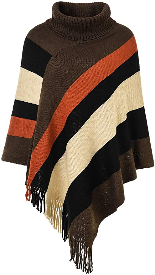Ferand Women’s Elegant Knitted Poncho Top with Stripe Patterns and Fringed Sides
