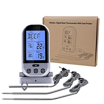 SMARTECH Wireless Remote Digital Cooking Food Meat Thermometer - Dual Probe for BBQ Grill Oven Smoker - Monitors Up To 230 Feet Away - 3 Probes Included (Silver)