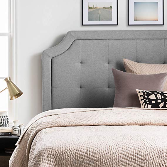 LUCID Bordered Upholstered Headboard with Square Tufting and Scalloped Edges Queen Stone