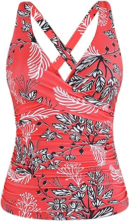 Hilor Women's Underwire Tankini Top Tummy Control Bathing Suits Sexy V Neck Crossover Swim Top Only