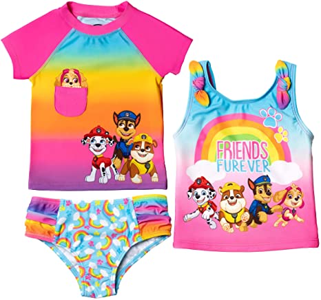 Paw Patrol Girls 3 Piece Rash Guard Tankini Swimsuit Set